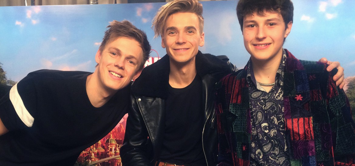 Wonder Park actors Caspar Lee and Joe Sugg with reporter Jake