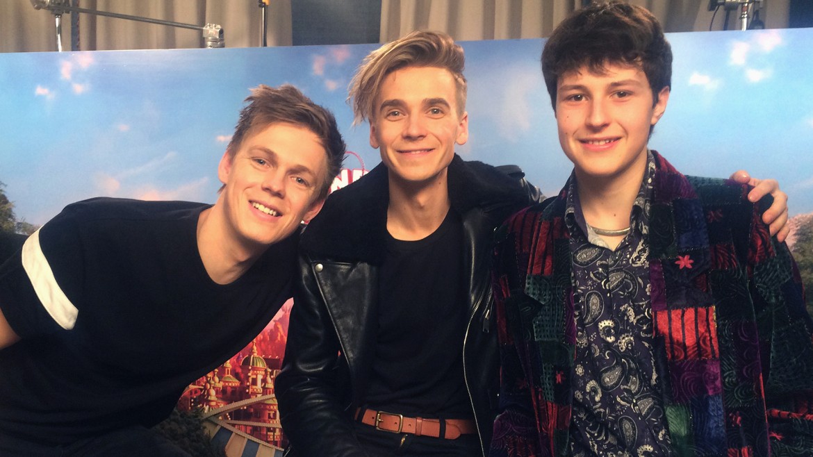 Wonder Park actors Caspar Lee and Joe Sugg with reporter Jake