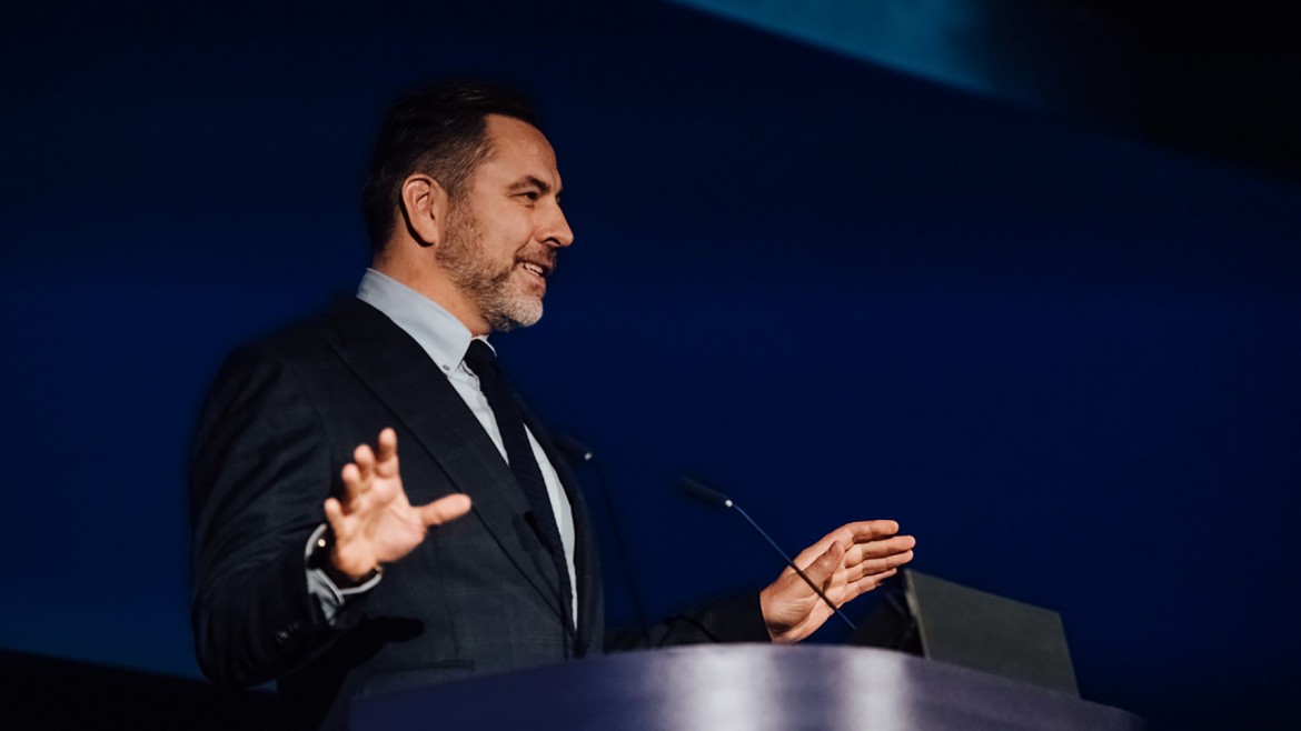 David Walliams presents an award at the 2019 Into Film Awards