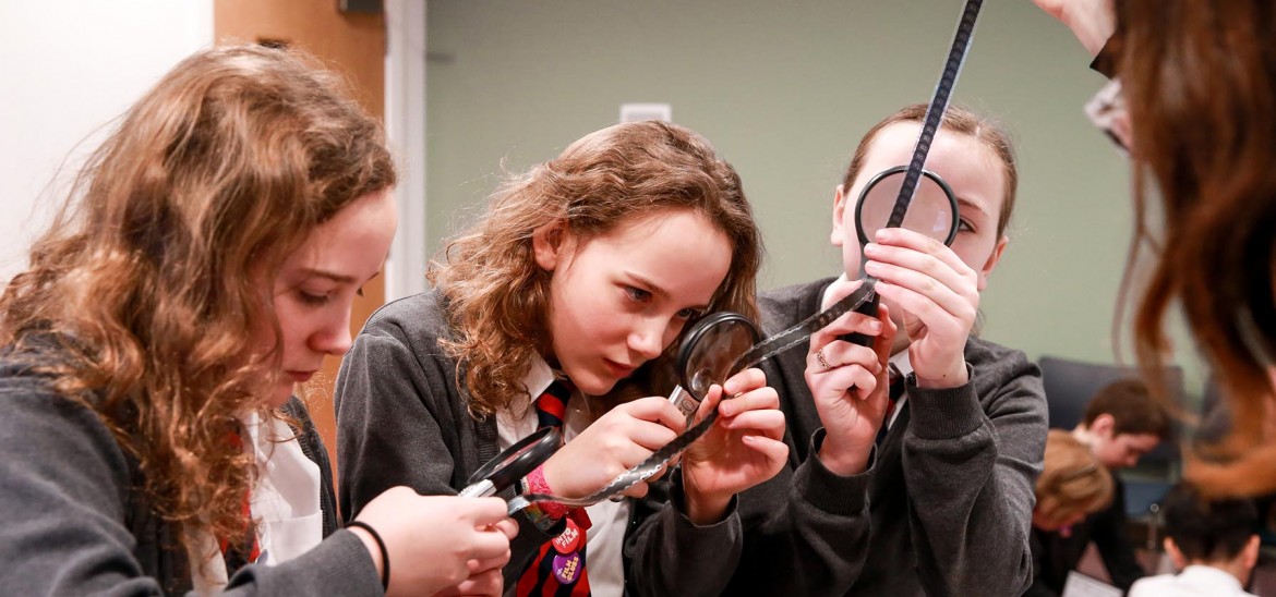 Pupils exploring archive film at Moving Image Archive Scotland