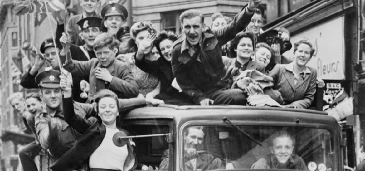 A crowd celebrating in London