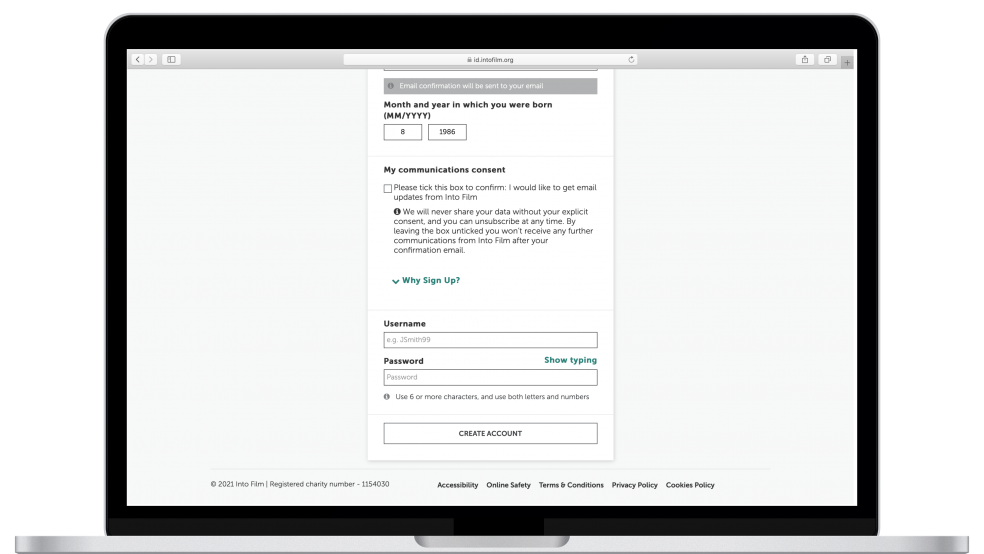Create an account - opt in and user name and password fields