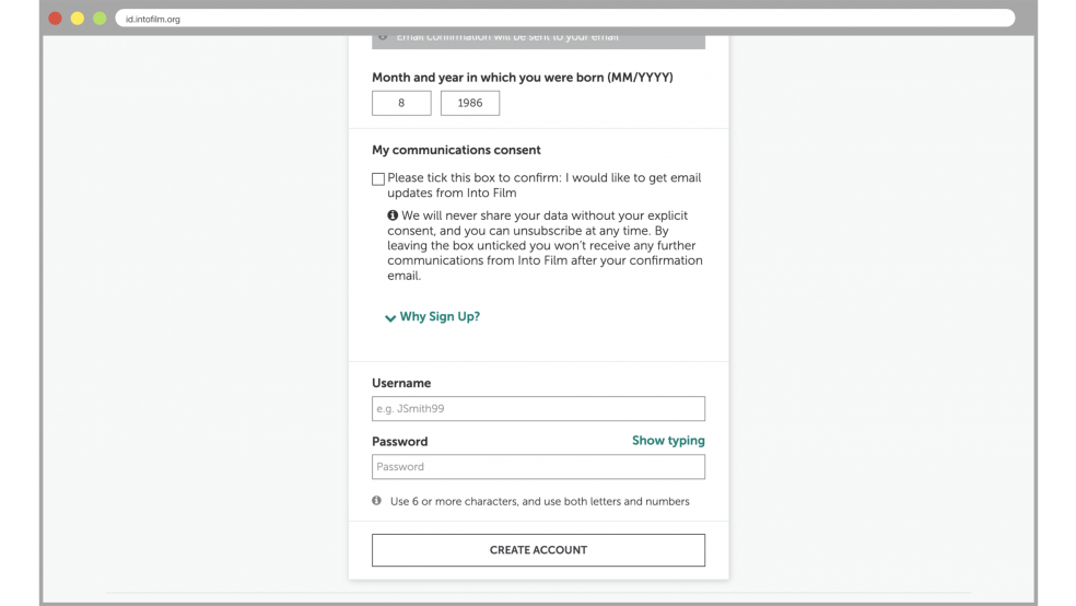 Create an account - opt in and user name and password fields