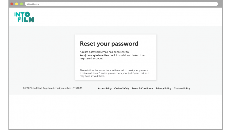 Email sent confirmation screen for resetting password.