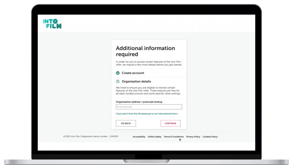 Sign up showing organisation address postcode field