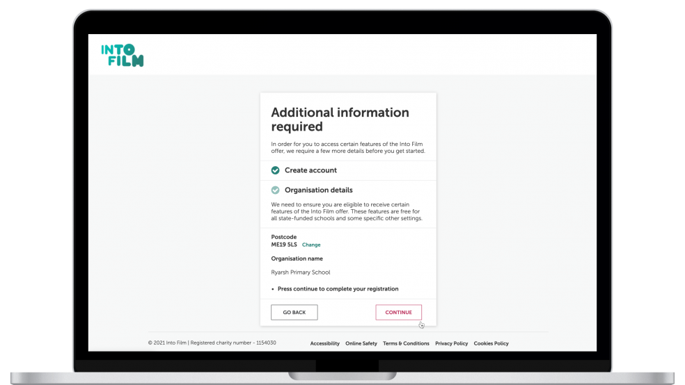 Sign up showing organisation found