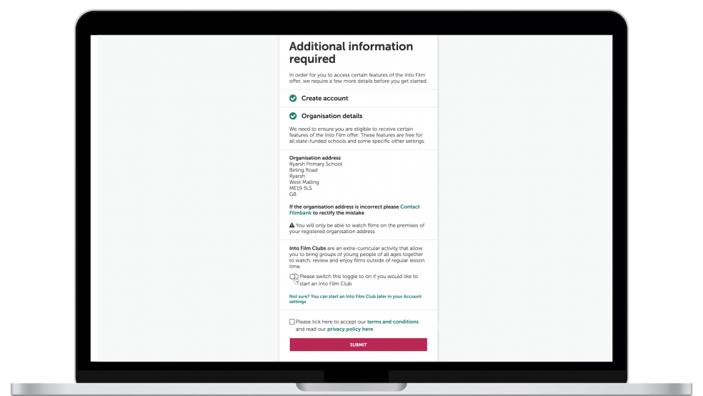 Sign up allowing user option to create a club and tick terms and conditions