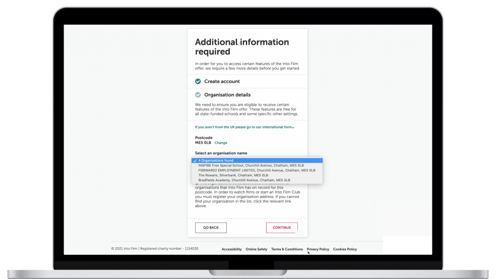 Sign up showing multiple organisations found