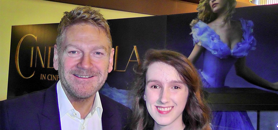 Kenneth Branagh with young reporter at the Cinderella premiere