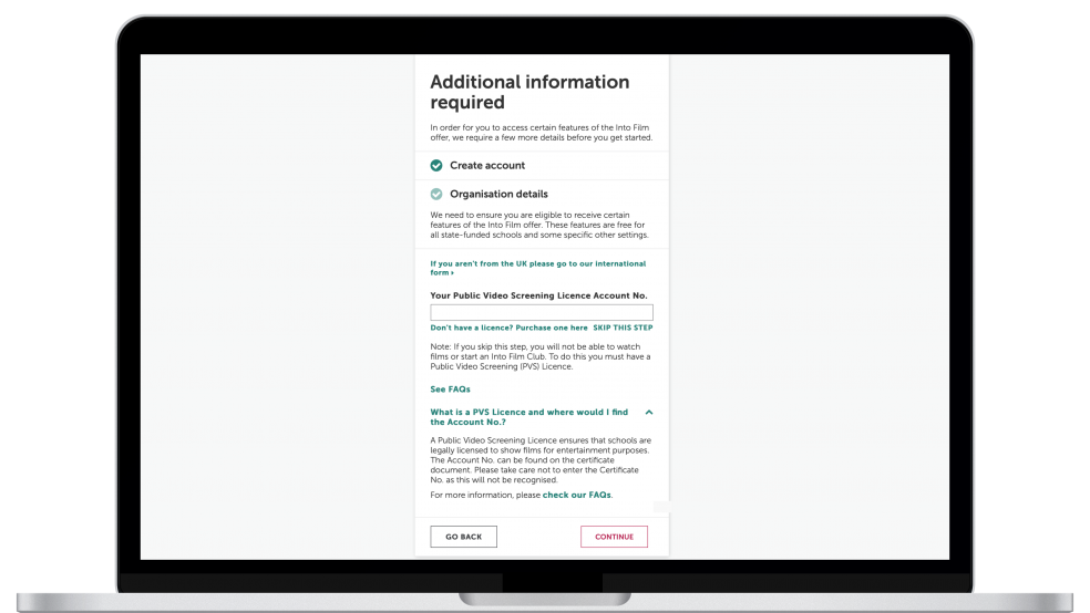 A screen asking for the PVS Licence reference account number