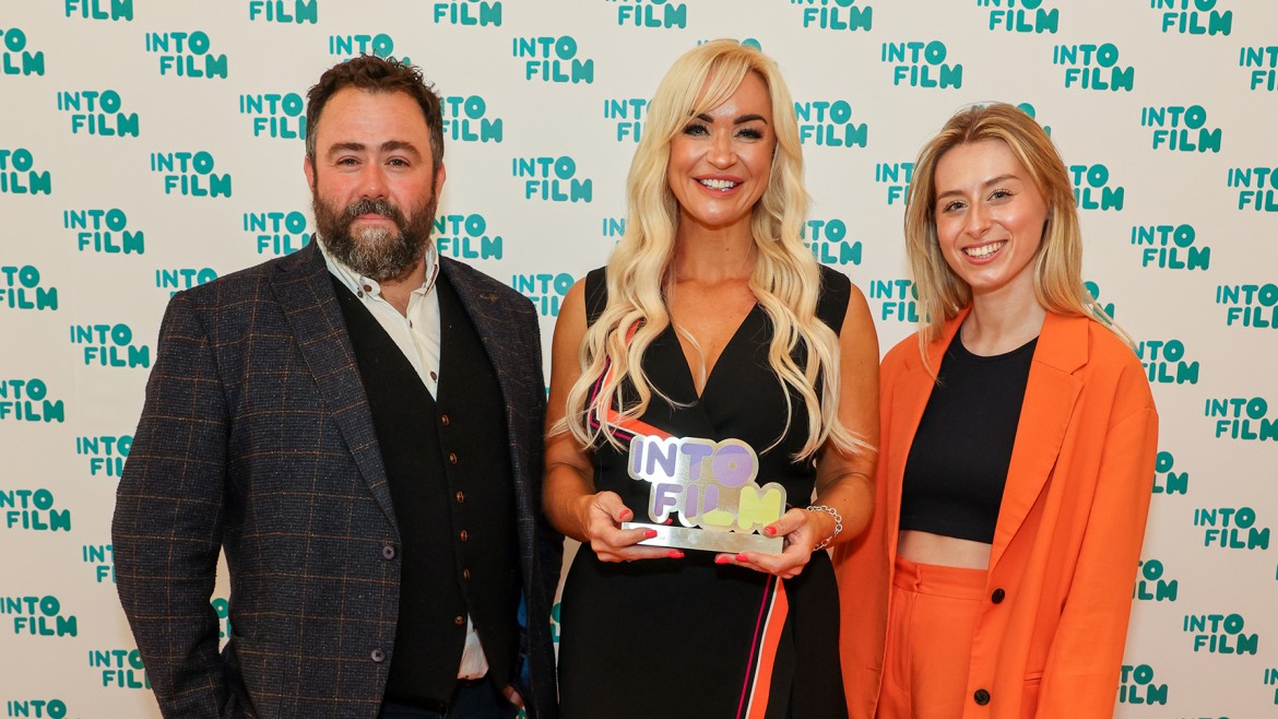 Teacher of the Year Jemma Evans with actor Celyn Jones and Monica Geldart