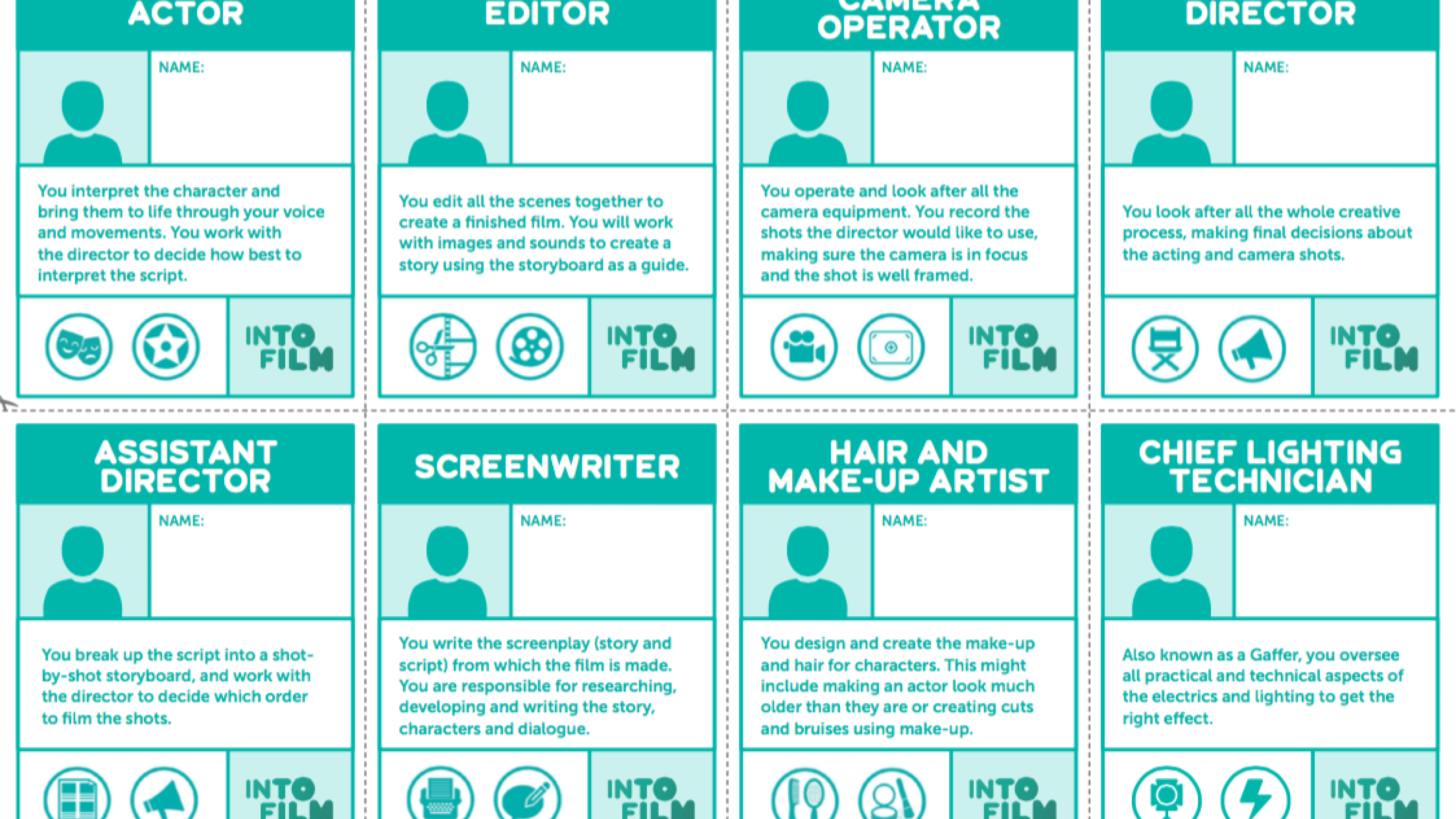 Laminable cards containing details of jobs in the film industry to support 
