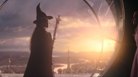 A silhouette of a woman wearing a pointy hat staring into the sunset.