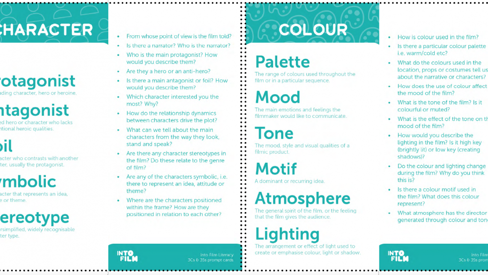 Questions based around colour, camera, character and sound, setting, story 